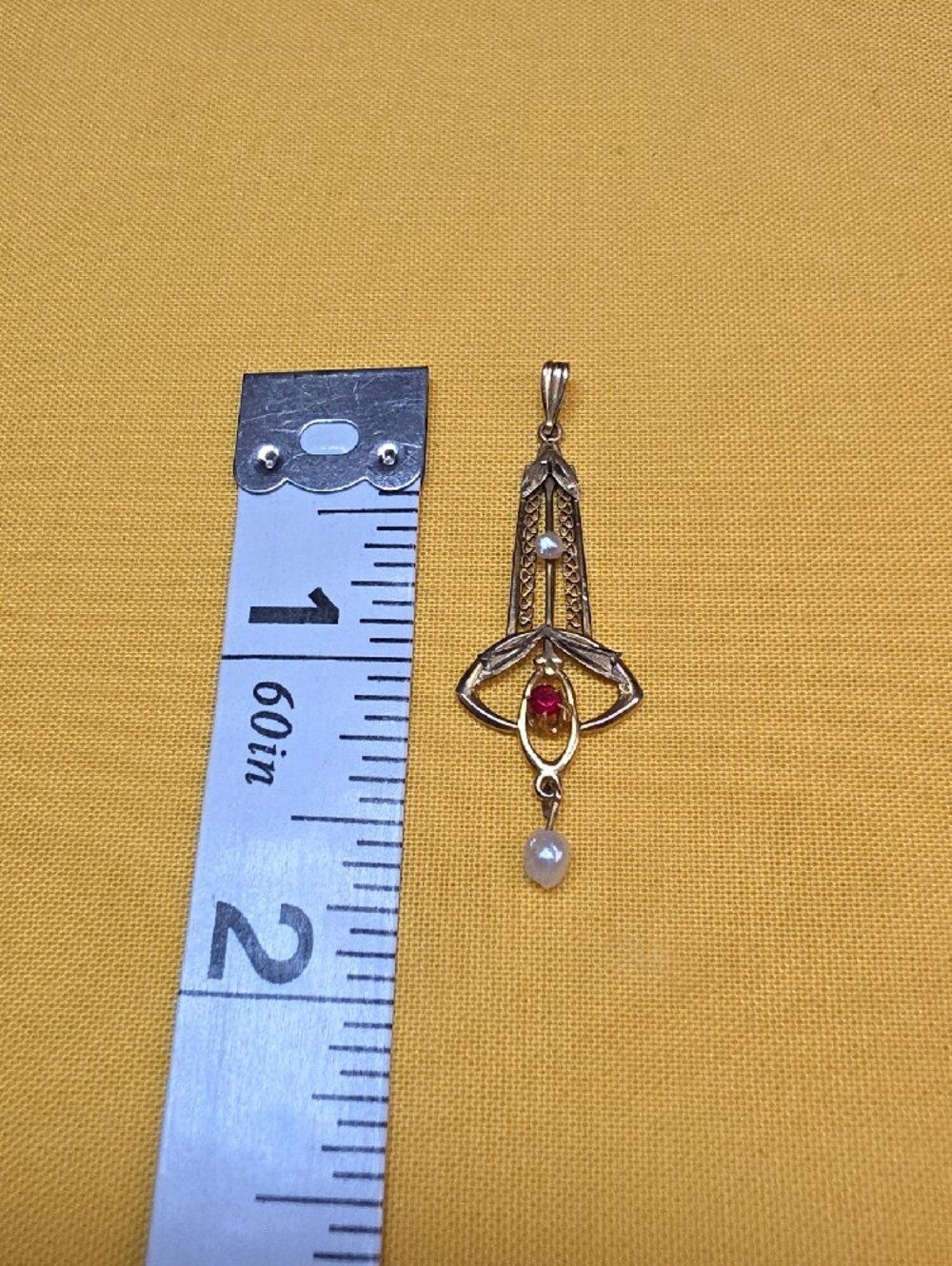 Authentic Edwardian 10K Gold Lavalier Pendant Necklace Drop Ruby Pearl - Picture 9 of 11